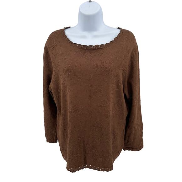 Pendleton Brown Floral 3/4 Sleeve Top Womens Large Jacquard Lace Trim Silk Blend - Picture 1 of 8